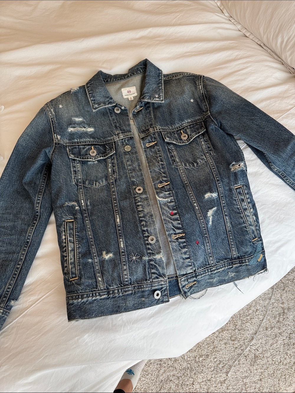 AG Adriano Goldschmied Distressed Dark Blue Jean Jacket